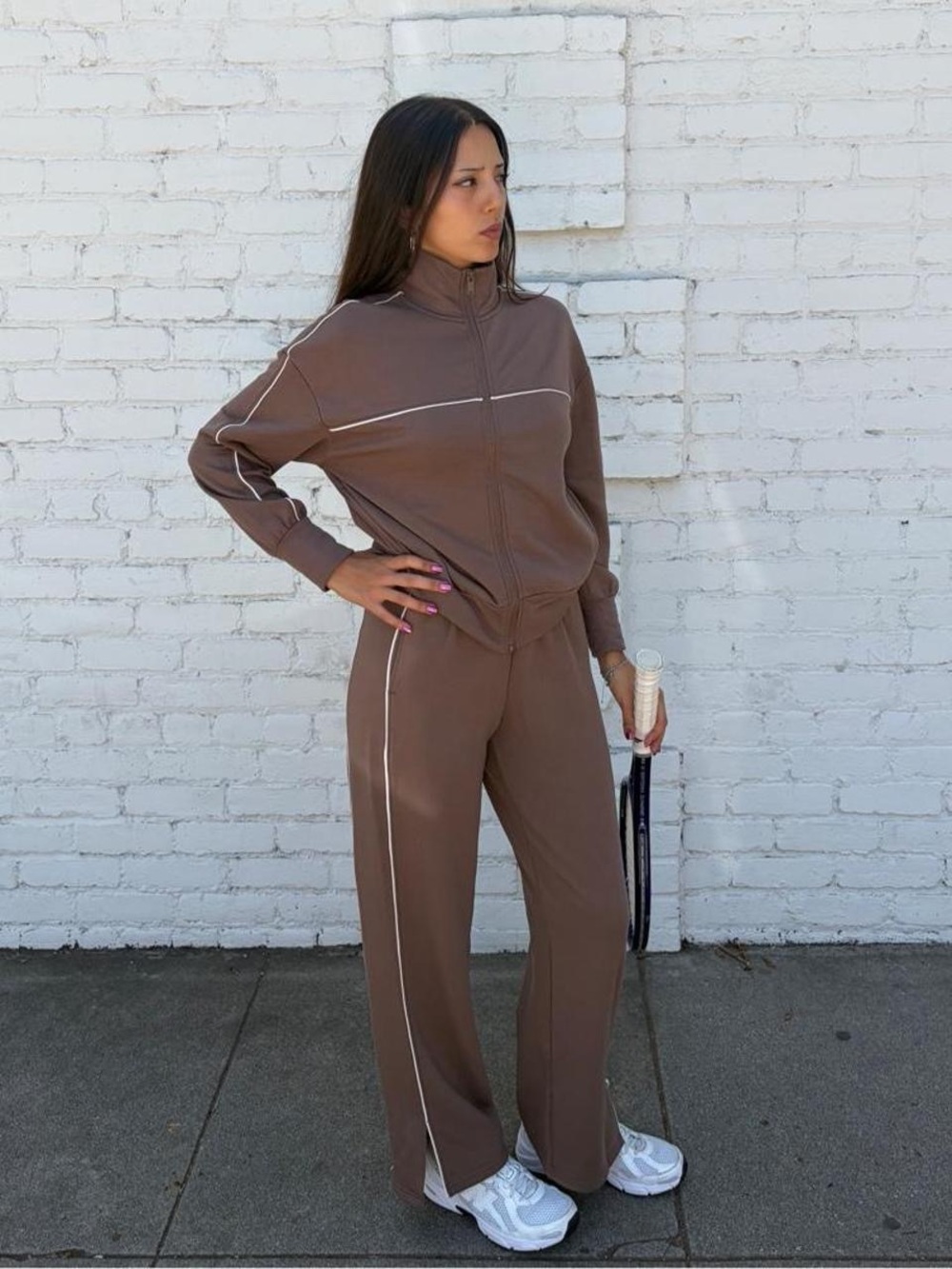 Y2K retro Brown matching tracksuit pants & full zip sweatshirt with white piping